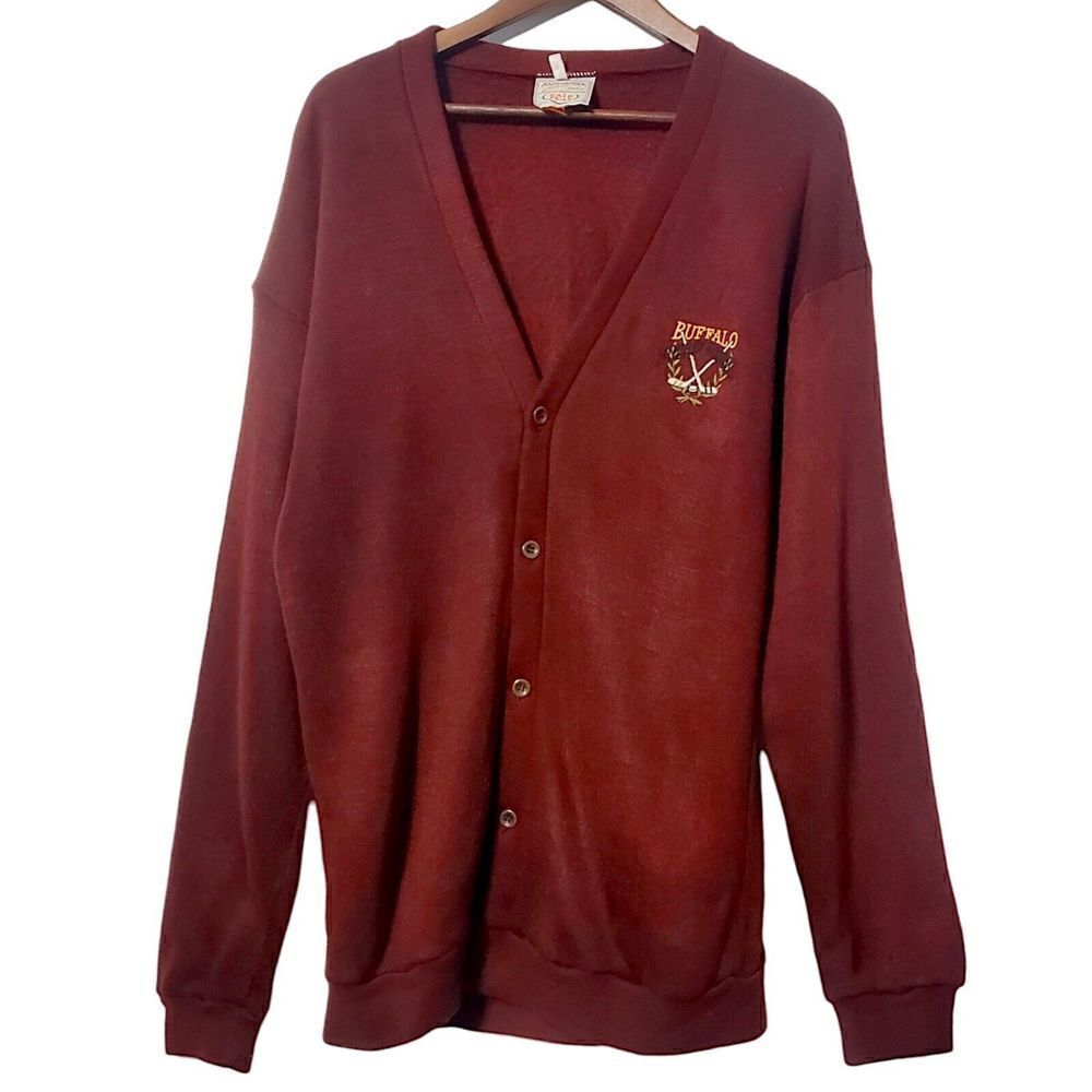 VTG Buffalo Hockey School Mens Cardigan Sweater Size M Red Fleece Varsity